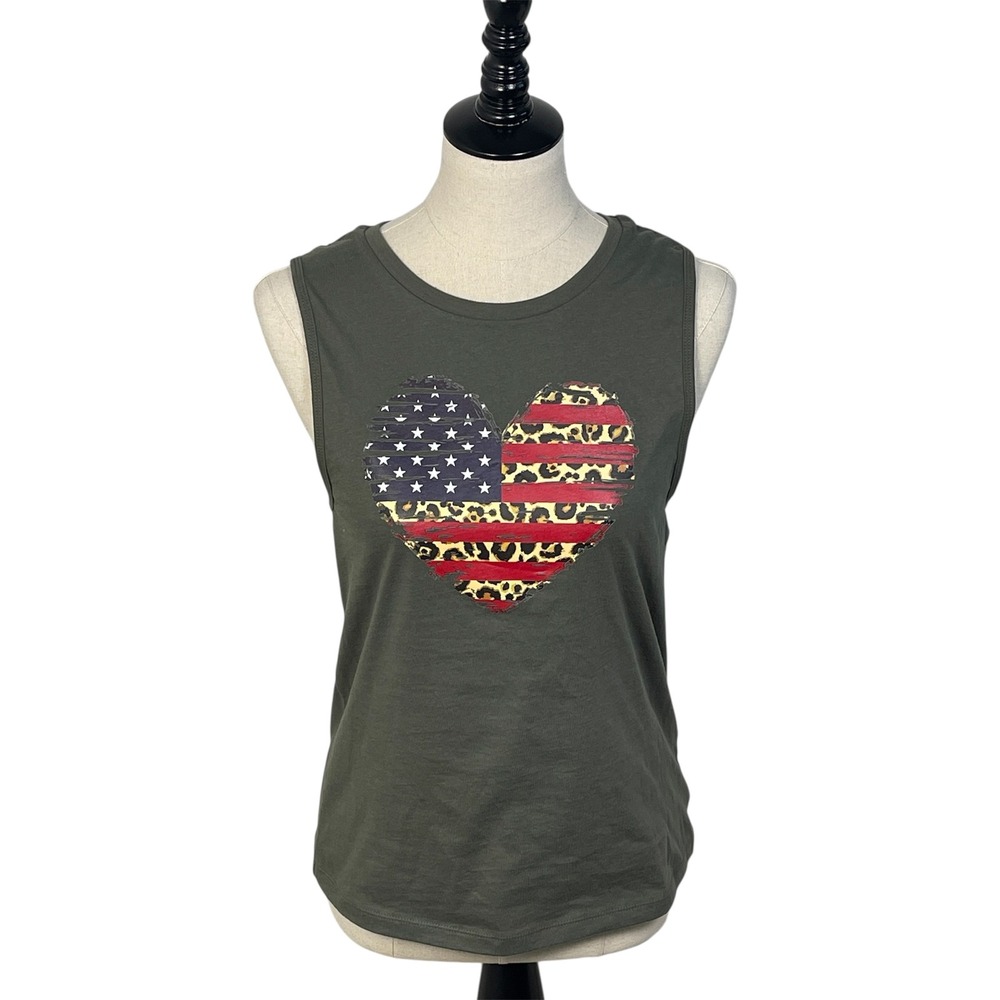 Bella Canvas Womens Olive Green‎ American Flag Leopard Heart Muscle Tank Top M